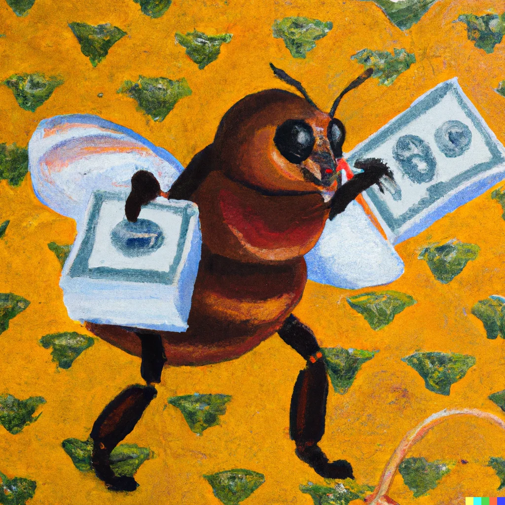 Oil painting of bumble bee holding a stack of money in each hand, on a yellow background