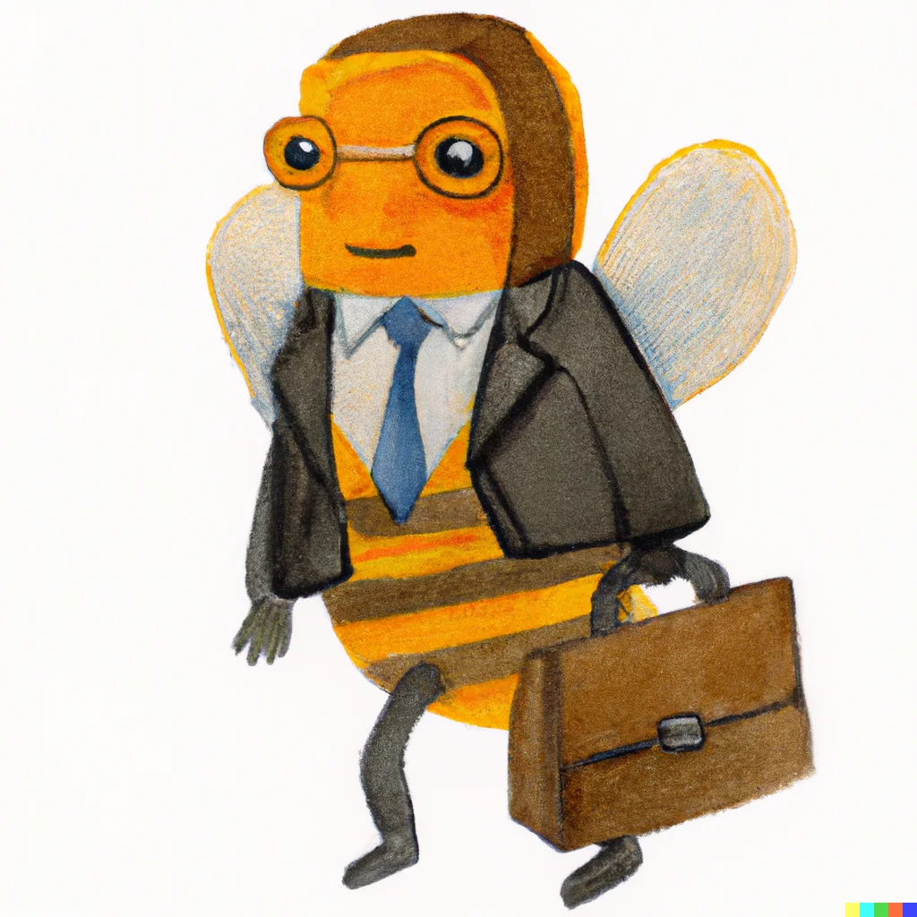 watercolor illustration of yellow bumblebee wearing glasses and a suit, holding a brief case