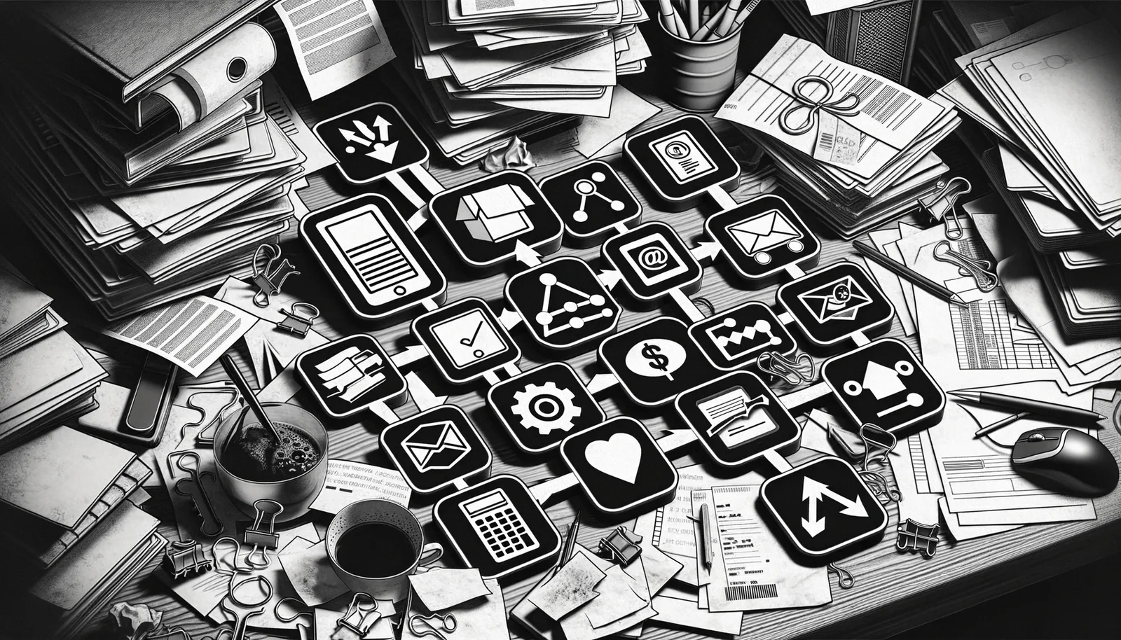A cluttered desk representing a complex collection of apps and spreadsheets.
